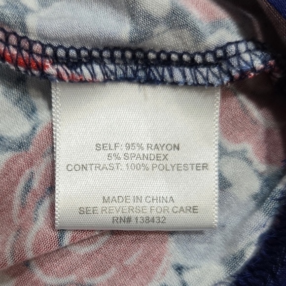 Modcloth Blue Red Floral Belted Surplice Neck Knit Blouse Chiffon Trim Stretchy - Picture 6 of 8